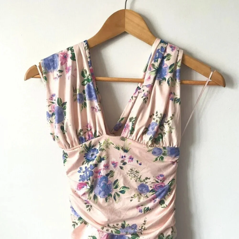 Zara Ruched Floral Halter Mini Dress Pink Purple NWOT Size Small